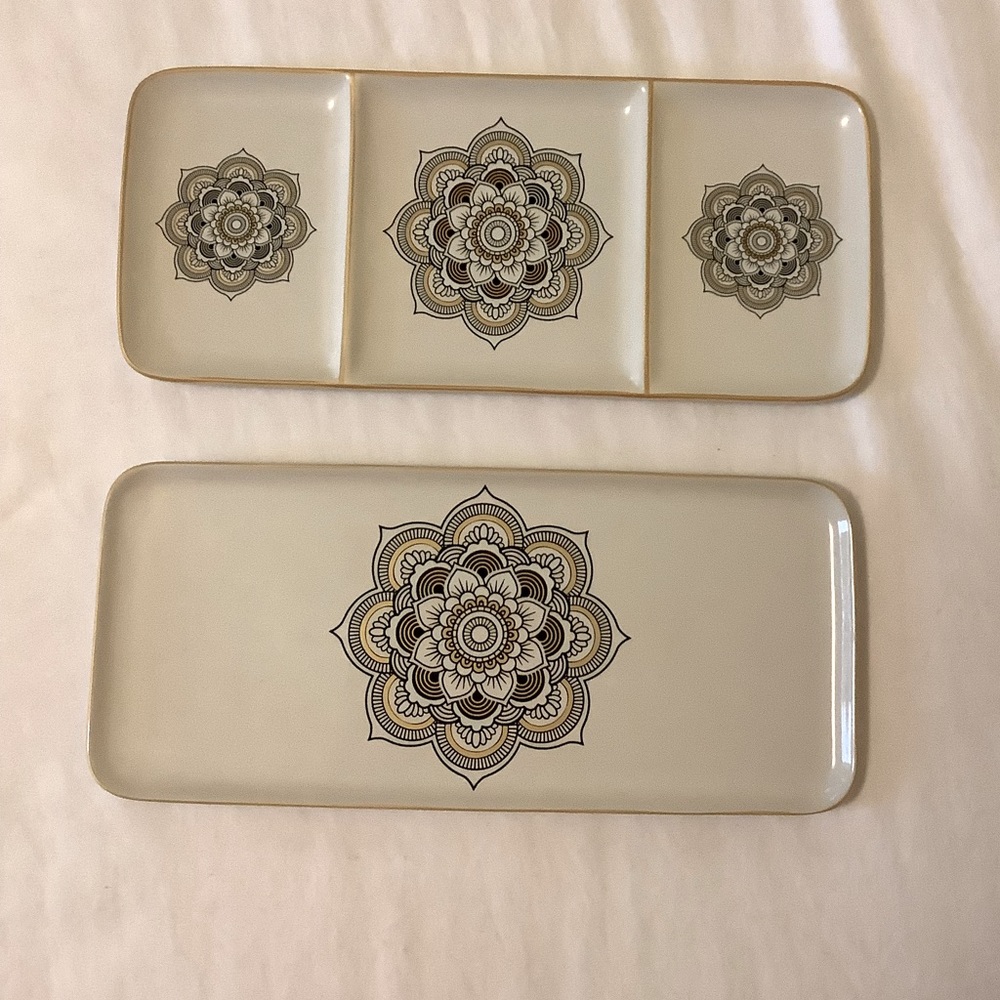 Umbra, Ceramic Mandala Jewelry Trays; white, black, and gold, 10”x4.5” set of 2